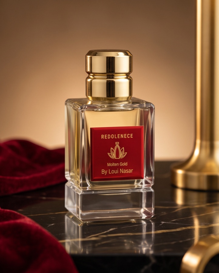 Molten Gold — Redolenece perfume with a red label and gold cap on black marble